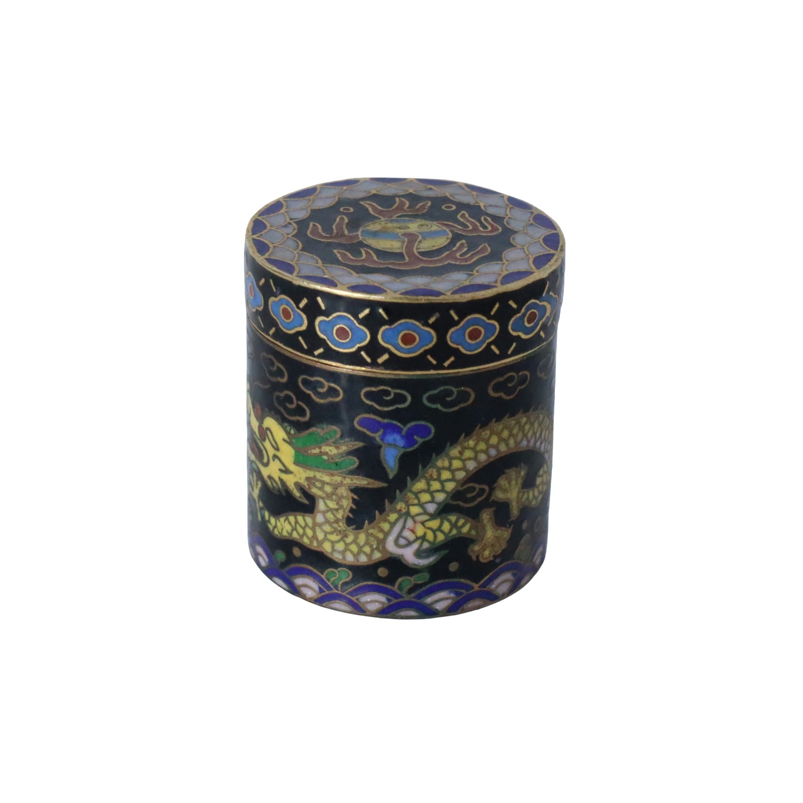 Antique Chinese Cloisonne Enamel Brass Tea Caddy Lidded Trinket Box Dragon