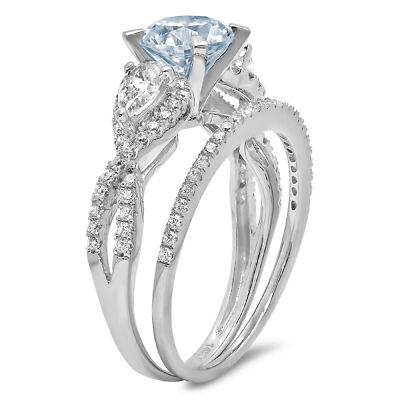 Pre-owned Pucci 2 Round Pear 3 Stone Real Aquamarine Wedding Statement Ring Set 14k White Gold