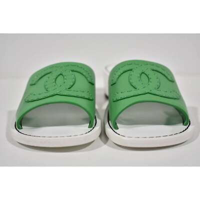 Pre-owned Chanel 22s Green Calfskin Leather White Cc Logo Mules Slide Sandal Heel Flat 37