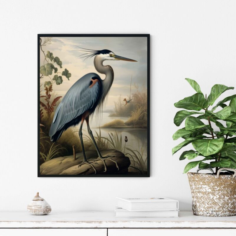 Blue heron Bird Vintage Art Print Poster Wall Art Painting