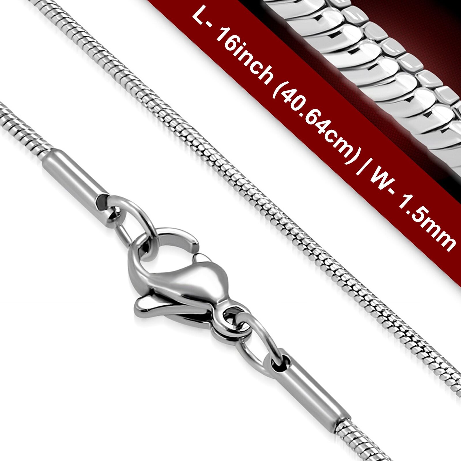 40cm / 16 inch x 1.5mm Snake Chain * non tarnish unisex Stainless Steel Necklace - Picture 1 of 2