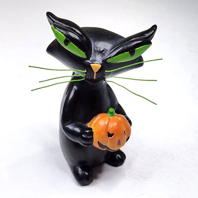 Halloween Black Cat Figurine with Pumpkin 4.5'' Green Eyes, Whiskers - A Bit Evil