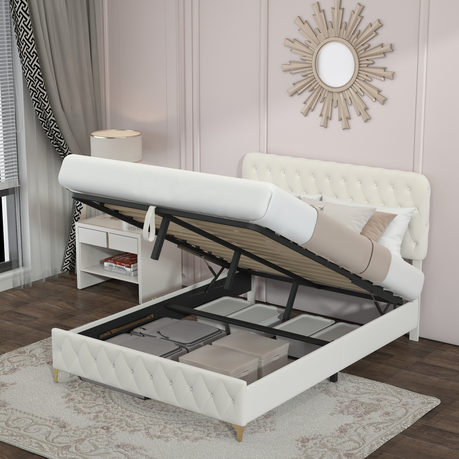 Velvet Upholstered Hydraulic Storage Beige