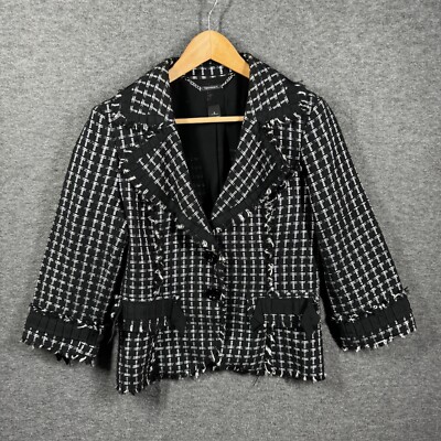 White House Black Market Blazer Jacket Womens Size 6 Tweed Fray Hem Grid Cuffed
