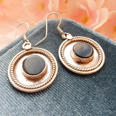 Vintage Sterling Silver Boho Onyx Disc Earrings
