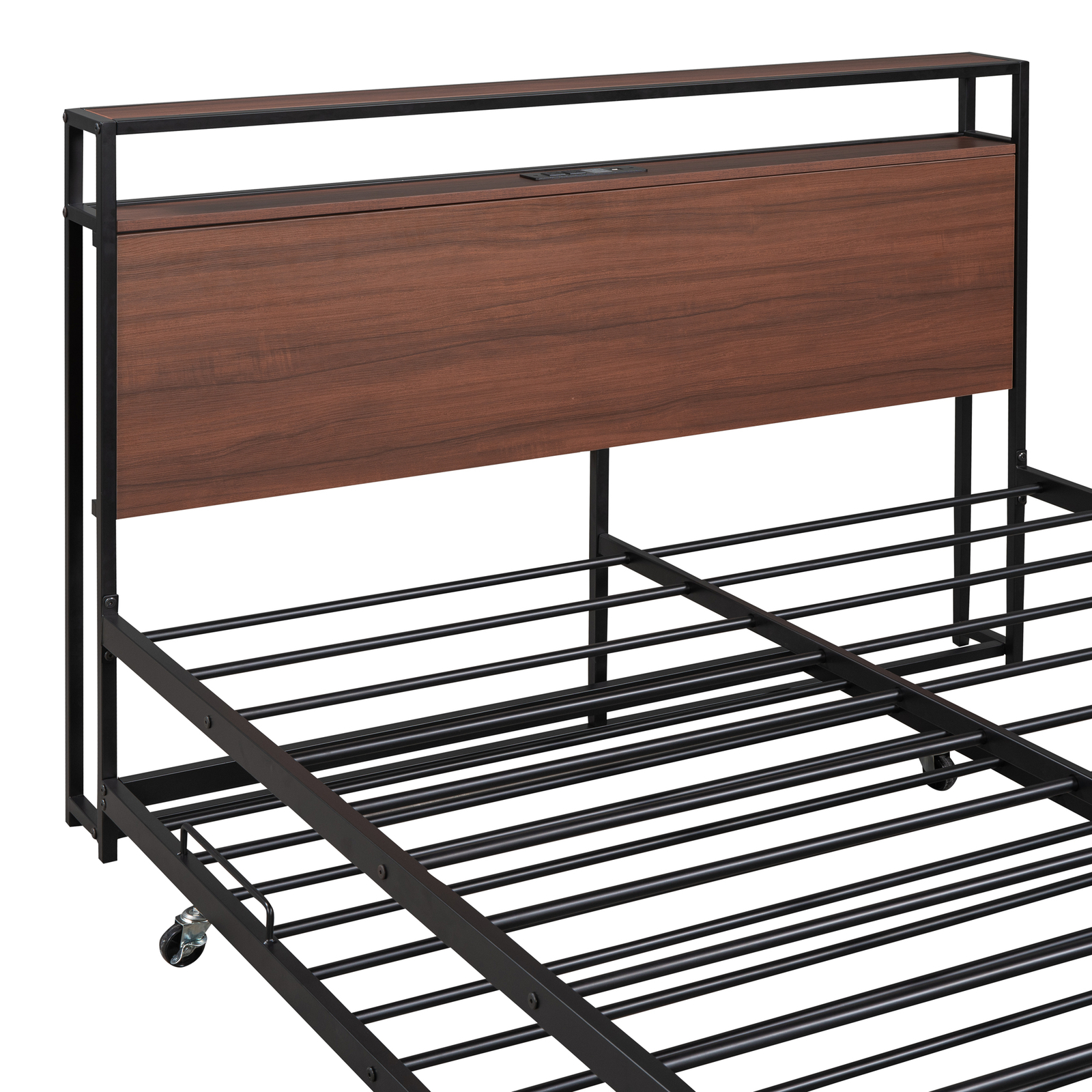 Full Size Metal Platform Bed Frame with Trundle USB Ports and Slat Support Black