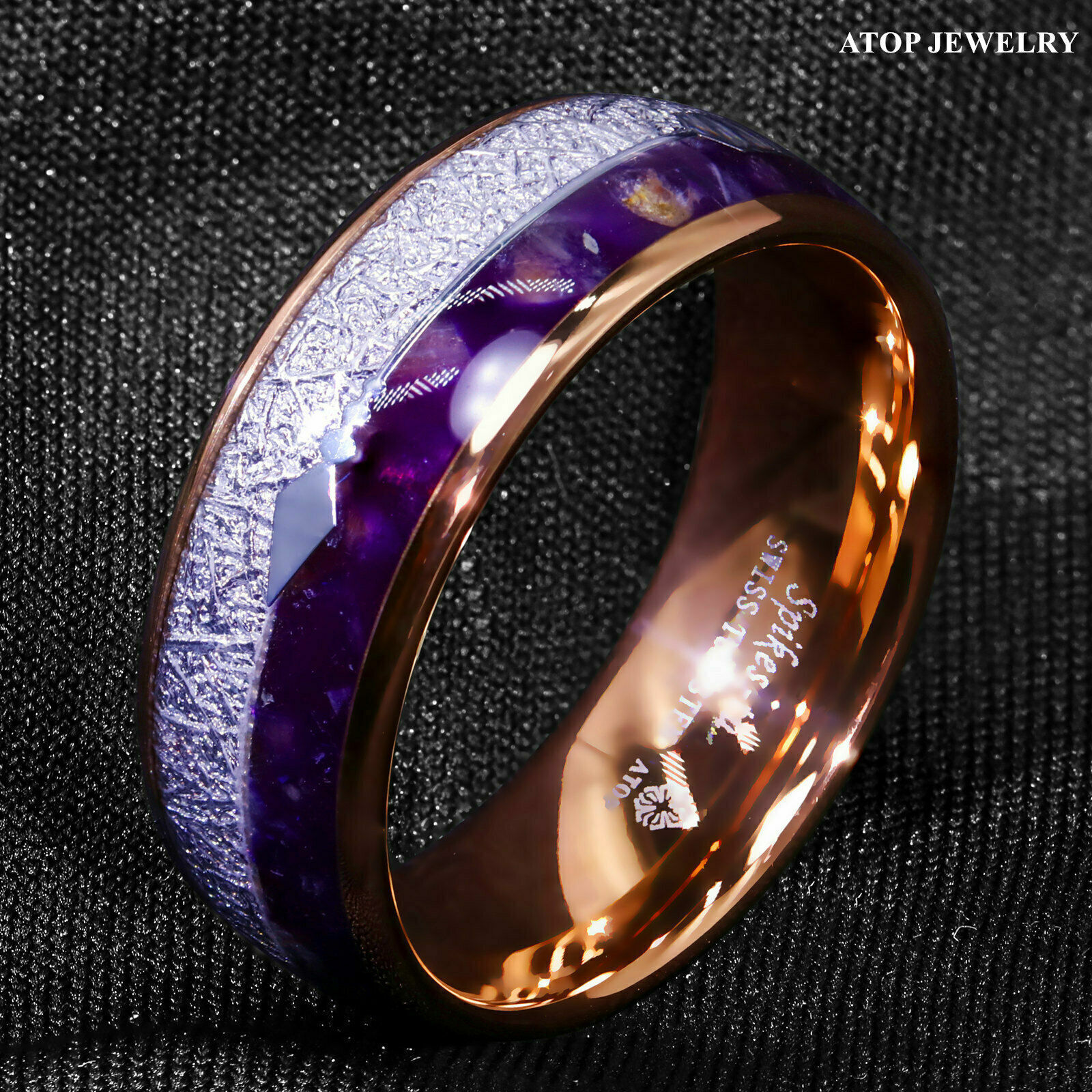 ATOP 8/6mm Purple Agate Meteorite Arrow Rose Gold Tungsten Ring Men