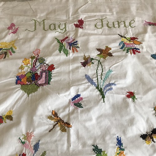 Handmade Cross Stitch Finished 12 Months Border Floral Center on White 47” X 48”