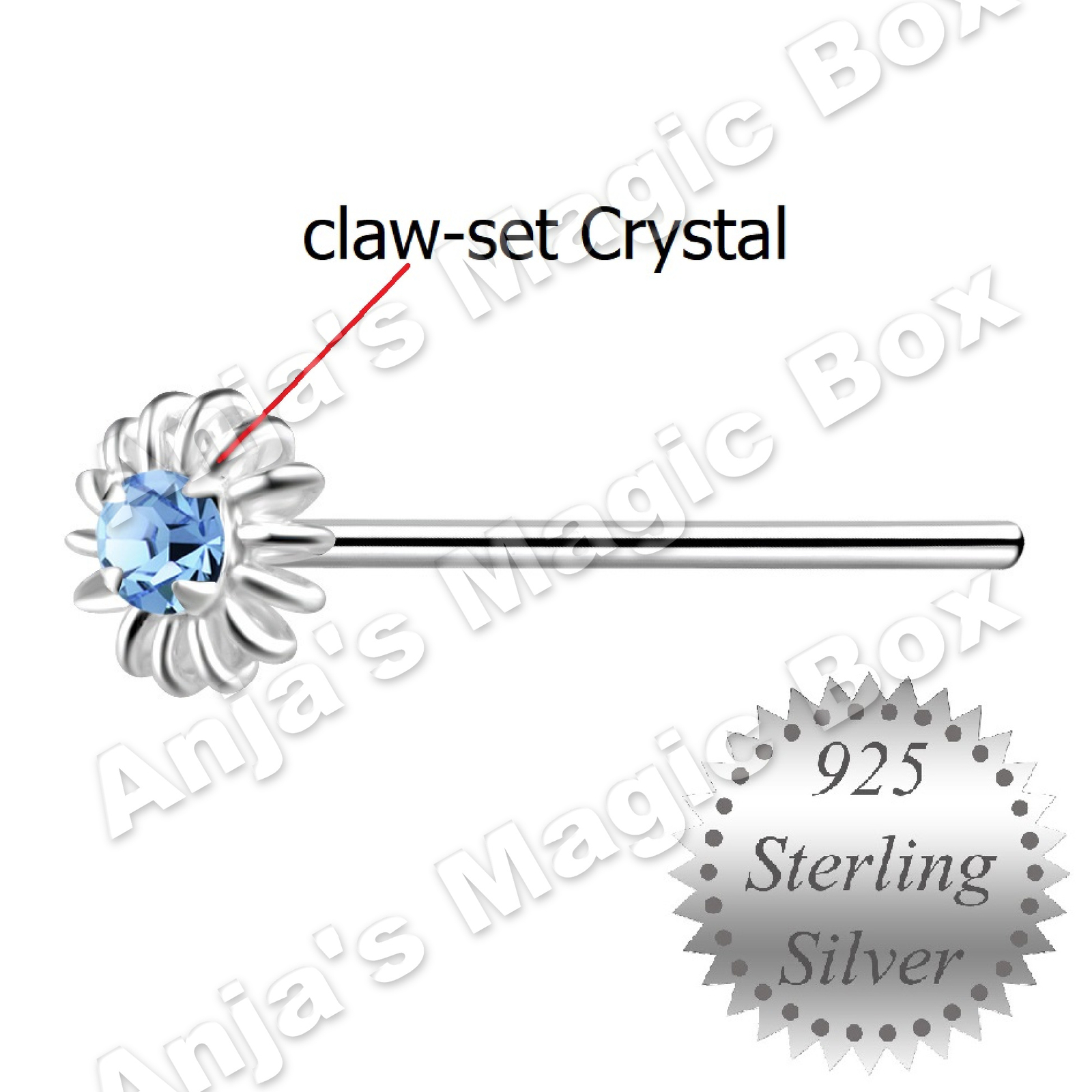 Claw-Set Crystal * Light Blue Flower Nose Stud * straight Pin * Sterling Silver