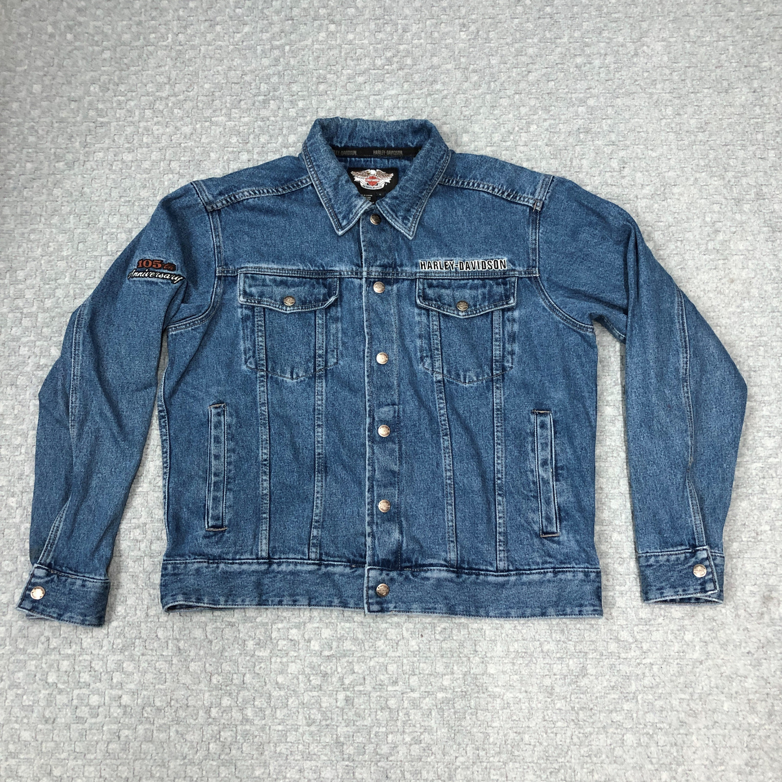 Harley Davidson Jacket Mens Large Blue Trucker Denim 105th