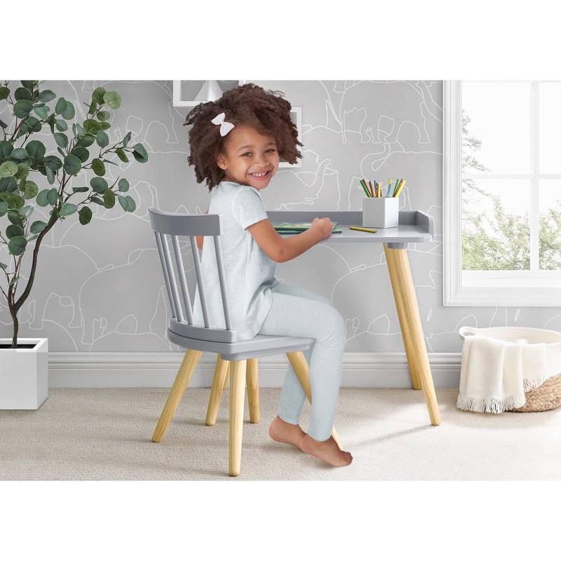 Kids Study Desk and Chair Set Wood Homework Table Gray Natural Chemicals-Free