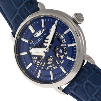 Pre-owned Heritor Mattias Automatic Blue Leather Men's Watch With Date Indicator Hr8403