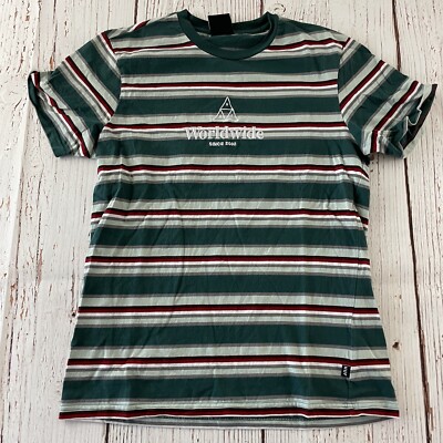 HUF Striped Worldwide Short Sleeve T Shirt Men's Medium Green Red White Black