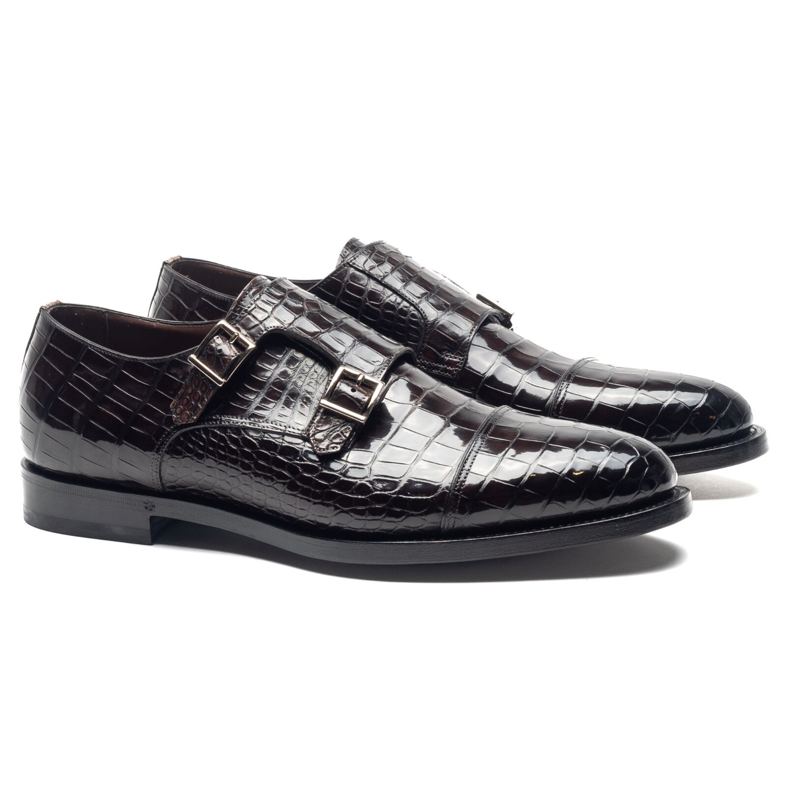 Pre-owned Santoni Double Monk Crocodile Alligator Shoes Uk: 11 Us: 12 Eu: 45 Dark Brown