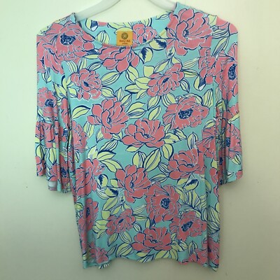Ruby Rd. Pink And Aqua Beautiful Floral Top, Ruffled Sleeve, Soft And Stretchy