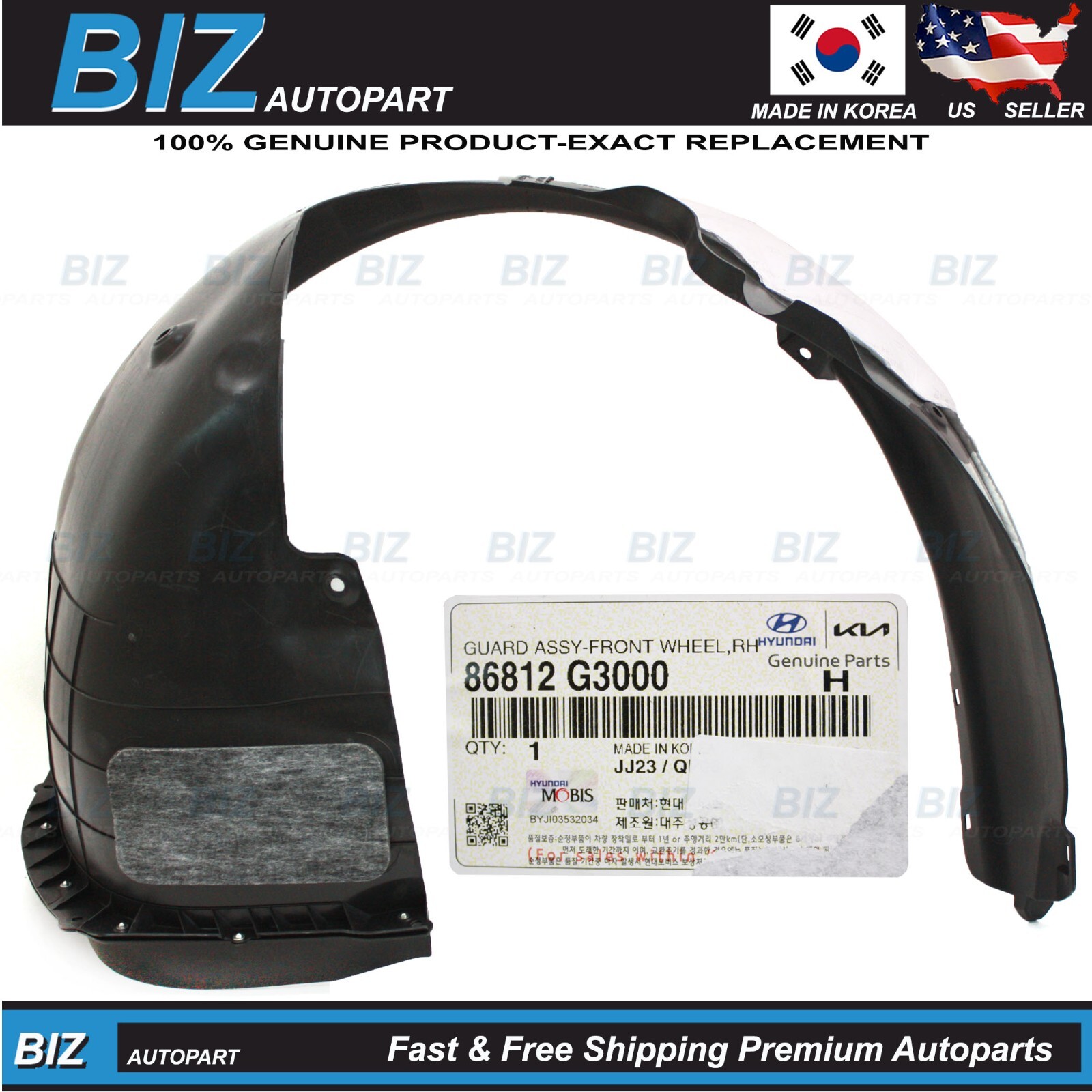 Genuine Front Fender Liner RIGHT RH for 2018-2020 Hyundai Elantra GT 86812-G3000