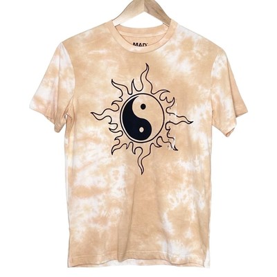 Mad Engine Men's Tribal Yin Yang Sun Graphic Tee Orange White Tie Dye Size Small