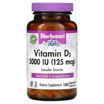 Bluebonnet Nutrition Витамин D3 5000 МЕ 120 вегетарианских капсул Без яиц, без рыбы,