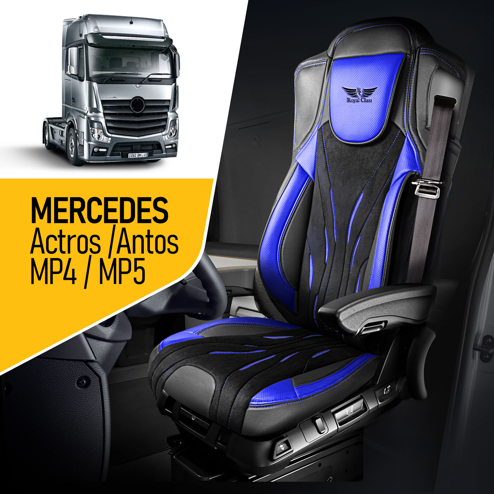 Housses De Siège Sur Mesure Pour Mercedes Actros MP4 MP5 (2011-2023) - Kit Conducteur Et Passager Noir/Beige