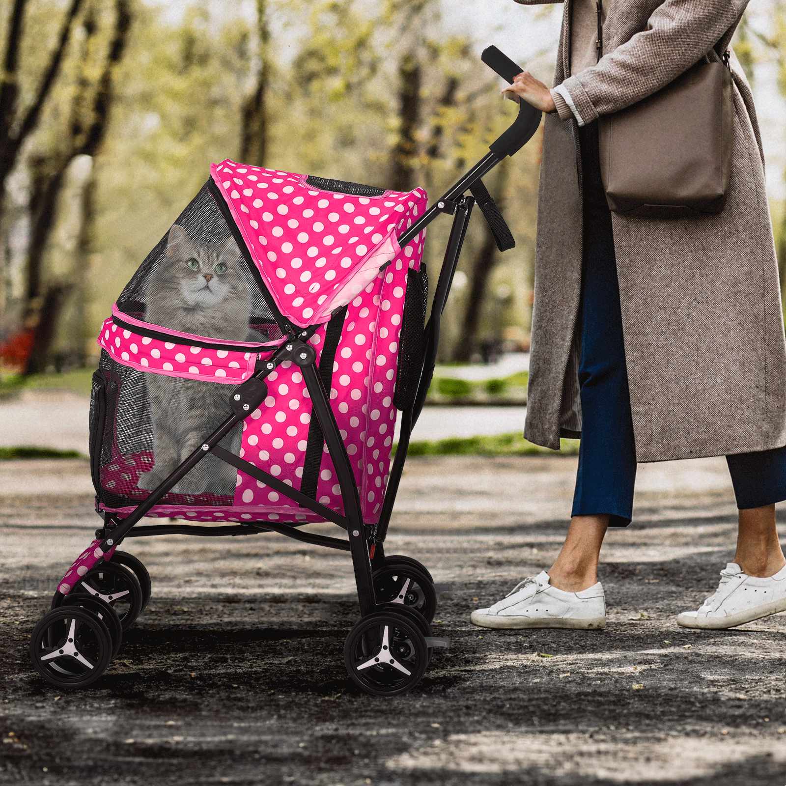 4 Wheels Pet Stroller w/Skylight+Storage Basket Foldable Cat Cage Travel Carrier