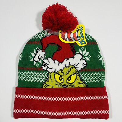 Dr. Seuss The GRINCH Who Stole Christmas Pom Beanie Toboggan Winter Hat Cap NEW