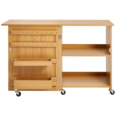 Folding Sewing Table with Lockable Wheels Storage Shelves Trays Door Wood Color