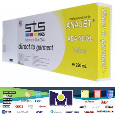 Anajet TexMac ink cartridges, FP125, 220ml Garment DTG Yellow Ink By STS Inks