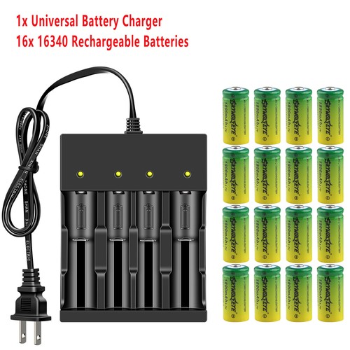 16X 1800mAh 3.7V 16340 Li-ion Rechargeable Battery Cells + Smart Lithium Charger