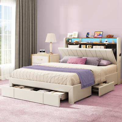 Queen Size Bed Frame LED Platform Bed w/Storage Upholstered Headboard &4 Drawers
