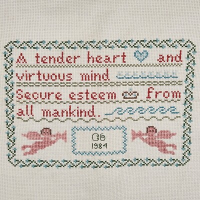 VTG Cross Stitch Quote Heart Virtues Mind Mankind Signed GG 1984 Angels Trumpets