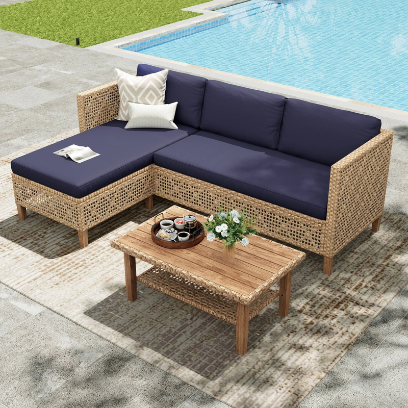 3-Pc Wicker Patio Furniture Set Boho Outdoor Sofa Table Navy Blue