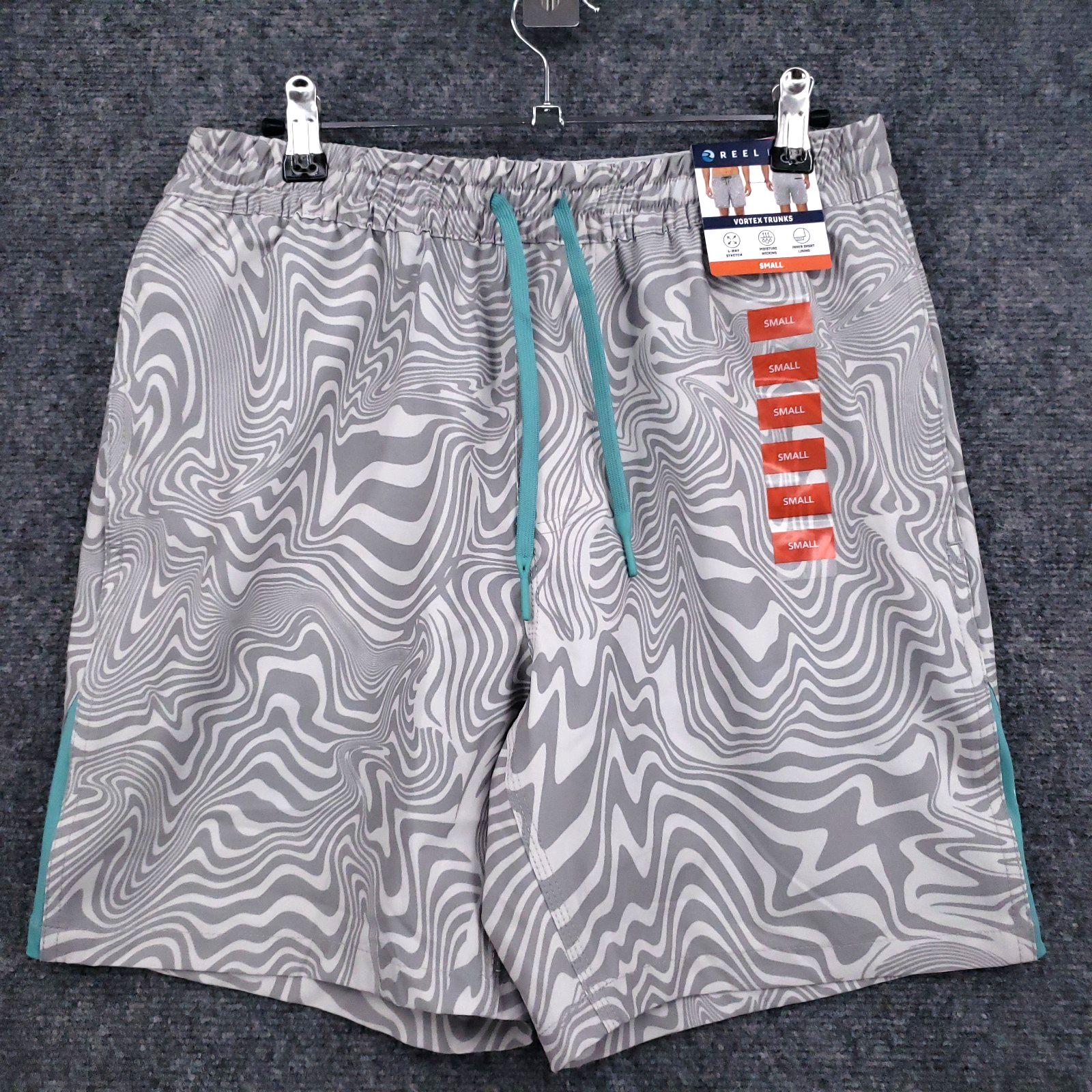 NEW Reel Life Vortex Trunks Shorts Mens Small Gray Swirl Performance Lined Swim