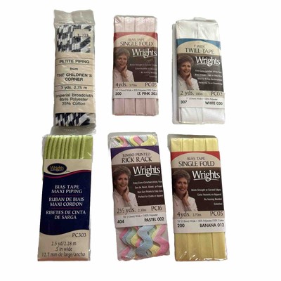 6 Vtg Wrights Seam Binding Bias Tape & Rick Rack 1998 NEW Factory Sealed Asst.
