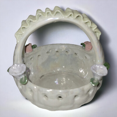 White Ceramic Weave Basket Round Cutout Handle Ribbon Floral Glossy Trinket Gift