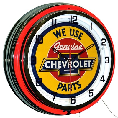 19'' We Use Genuine Chevrolet Parts Sign Double Red Neon Clock Chevy