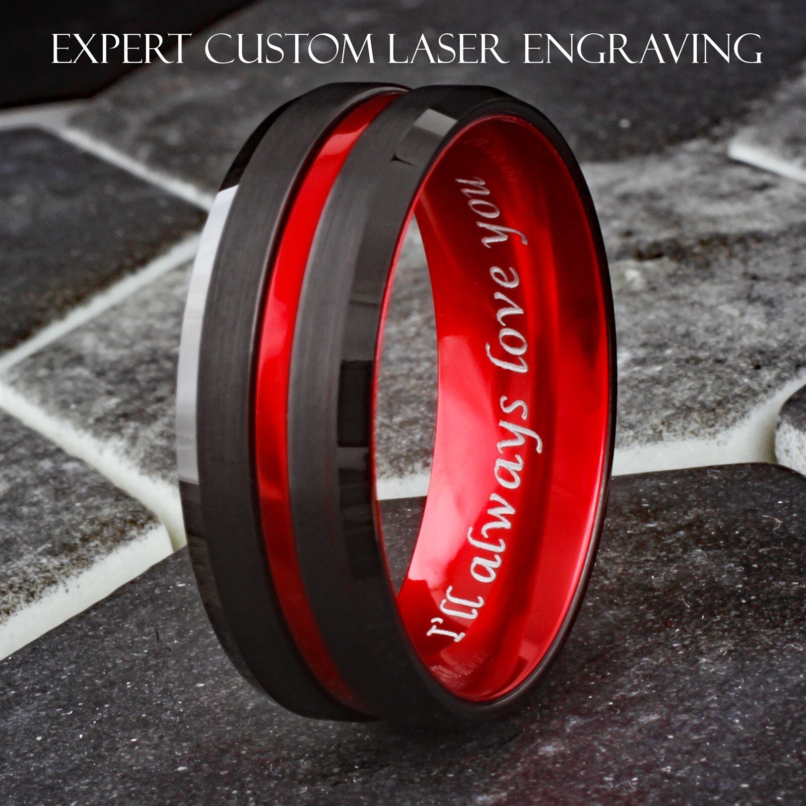 Black Tungsten Carbide Mens Thin Red Line Band Ring-Firefighters First Responder