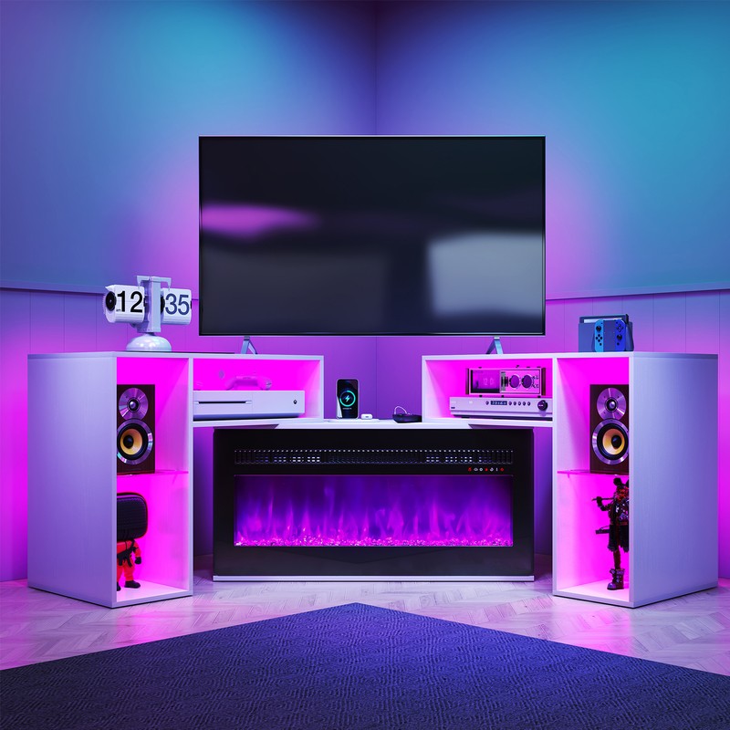 TC-HOMENY TV Stand for 80 in Tv with 42" Fireplace Entertainment Center Cabinet