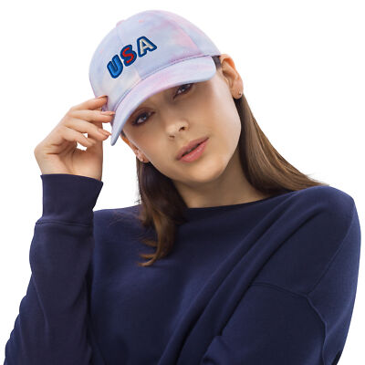 Embroidered Tie Dye Cotton Hat Adjustable USA Text Unisex One Size Buckle Back