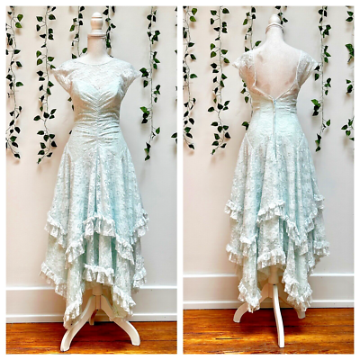 Vintage 80s Does 30s Lace Prom Party Dress Blue Ruffles Tiered Skirt Sheer XXS