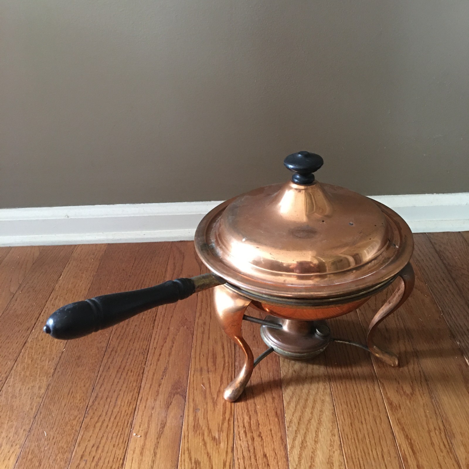 Vintage 1960s MANNING & BOWMAN Tinned Copper Chafing Dish, Stand, & Fuel Burner