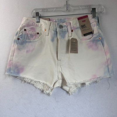 Levi's Levis 501 Tie Dye Cut Off Shorts White Pink Blue Womens 27 high rise