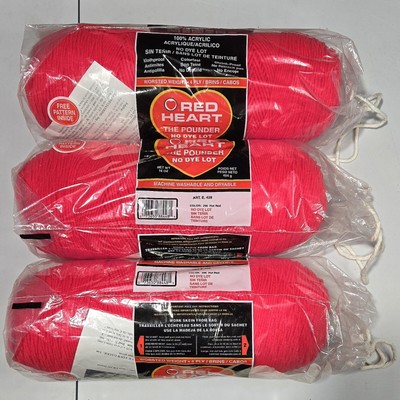 VTG LOT 3 Red Heart Yarn Hot Red 16oz Pounder In Bag Acrylic Worsted Color #390