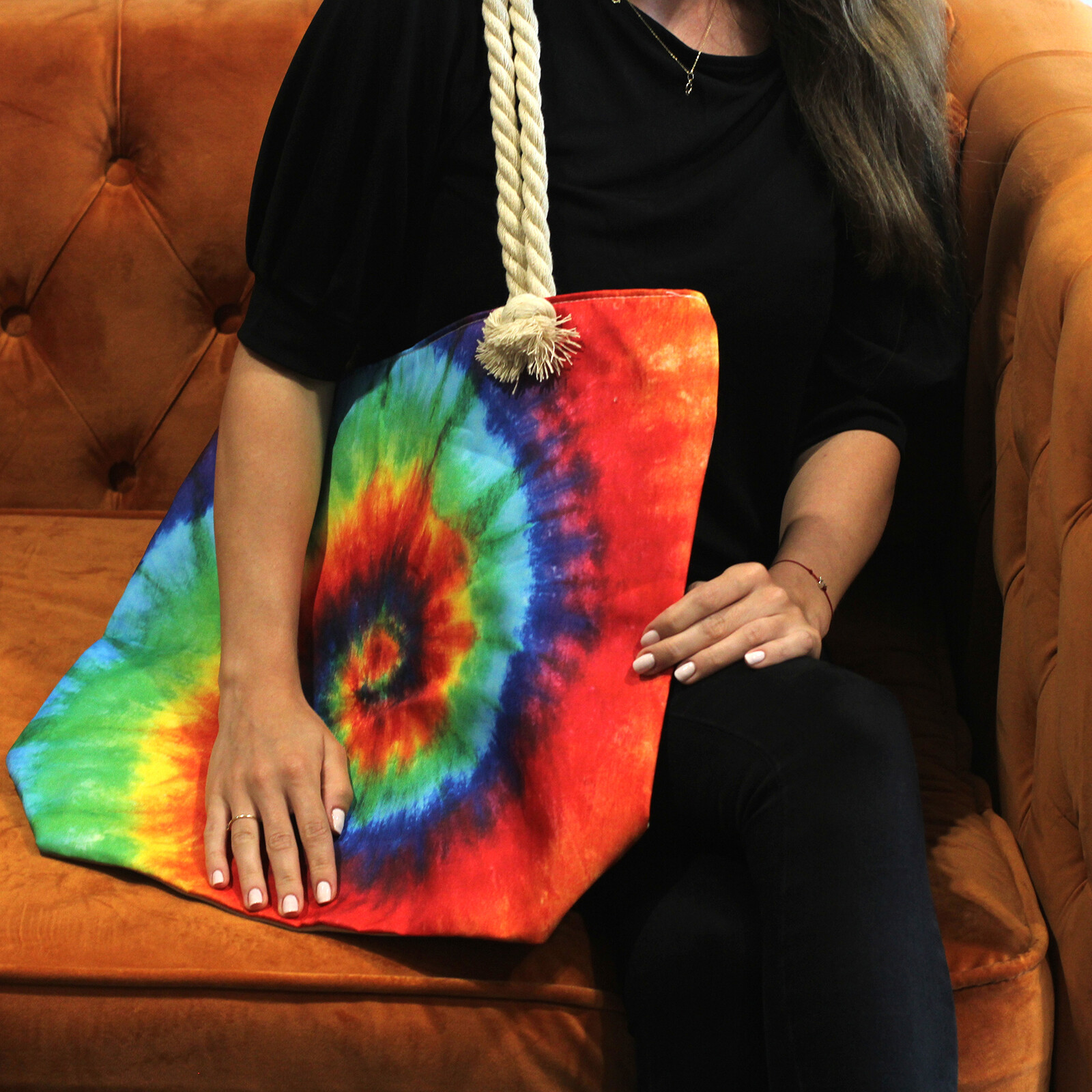 Tie-Dye Rope Handle Canvas Tote Beach Holiday Shopping Bag Large Shoulder Hippy - Picture 2 of 11