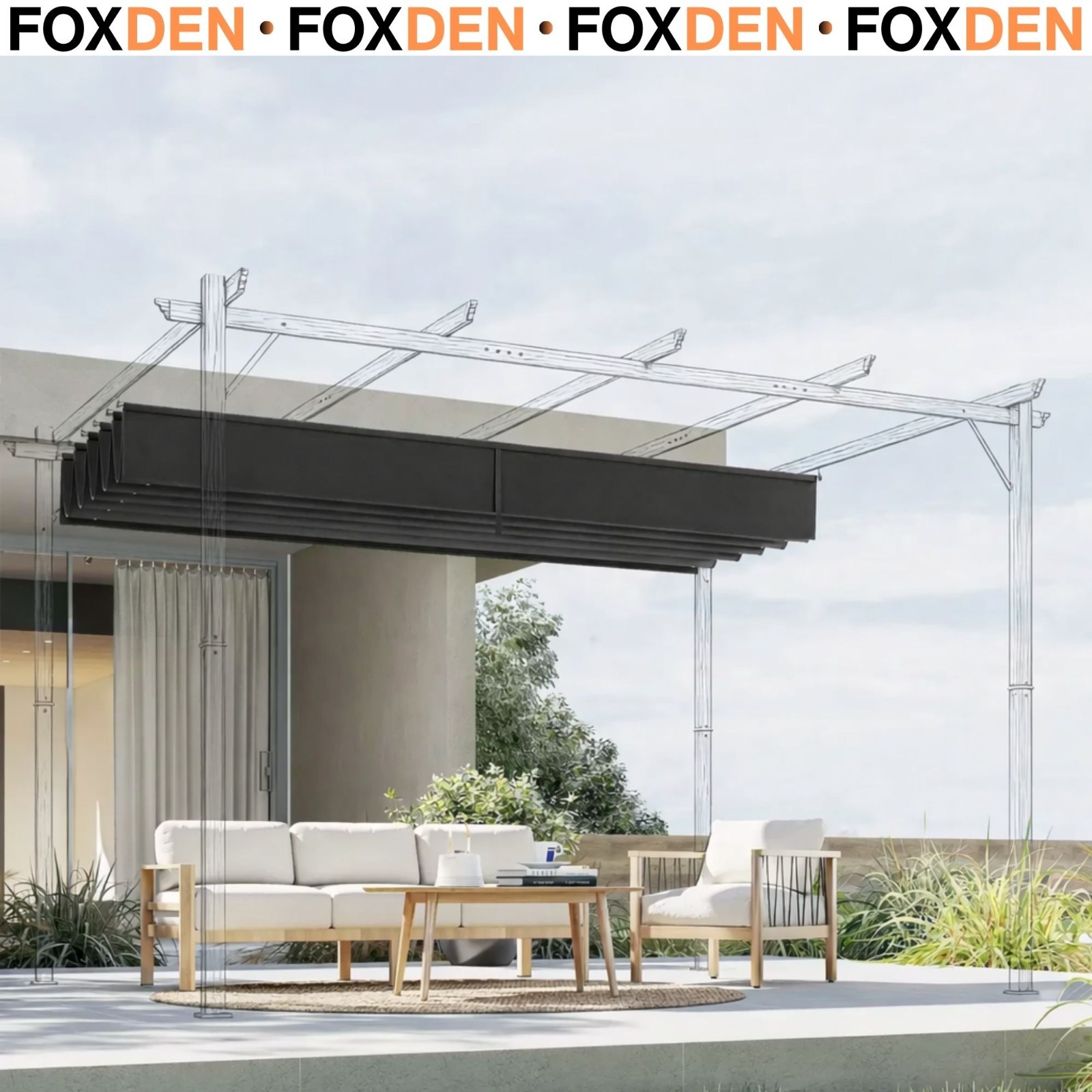 Outdoor Grey Gazebo Pergola Featuring Retractable Canopy Roof w/ 10 Drain Holes