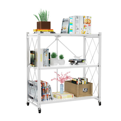 USED 3/4 Tier Heavy Duty Foldable Metal Rack Storage Shelving Unit Wheel Kitchen