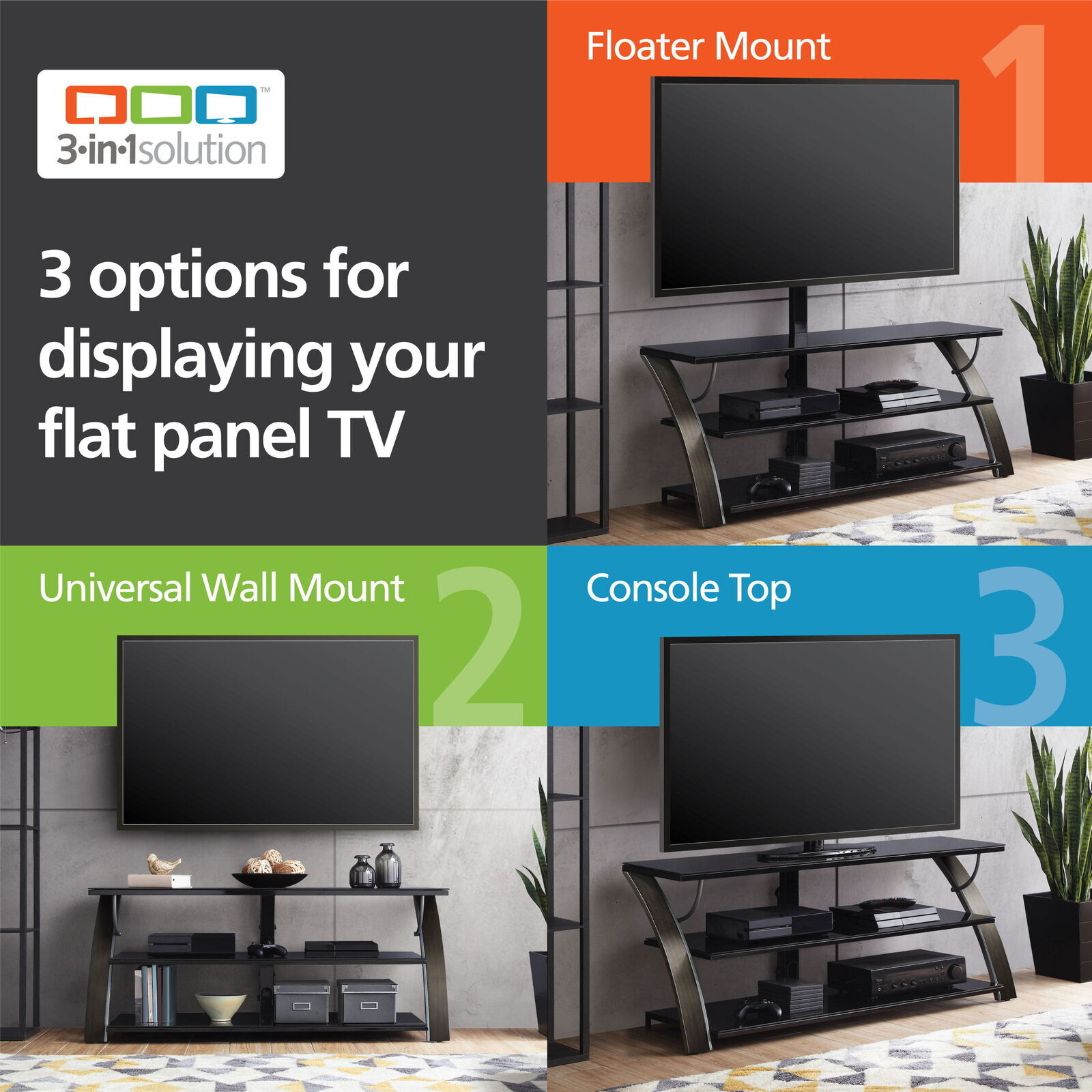 3-in-1 Flat Panel TV Stand Entertainment Center for TVs up to 65", Charcoal