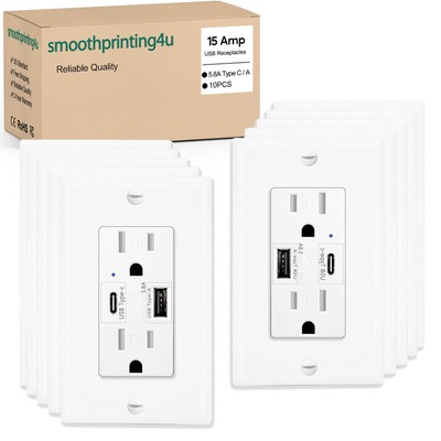 5.8A Type C USB Outlet Wall Charger 15 Amp TR Receptacle Plug UL w/Plate 10 Pack