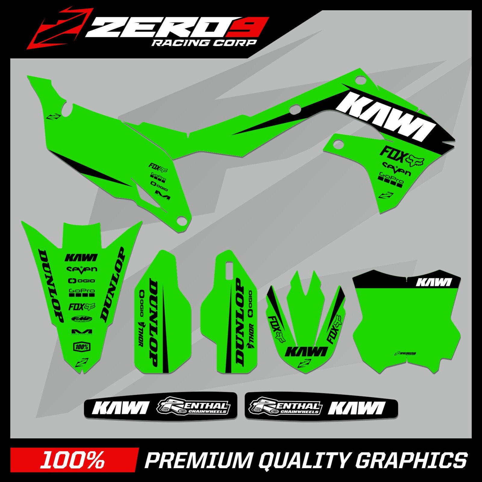 KAWASAKI MOTOCROSS GRAPHICS KIT MX DECALS : KX KXF 65 85 125 250 450 STATUS GRN