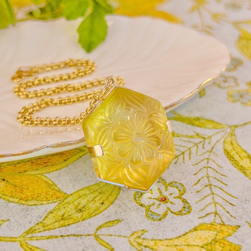 14k Yellow Gold Unique Hexagon Yellow Citrine Flower Carved Statement Pendant, N - Picture 3 of 12