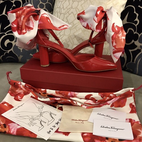 Pre-owned Ferragamo $785 Salvatore  Sorano Red Patent Leather Silk Scarf Point Toe Pump